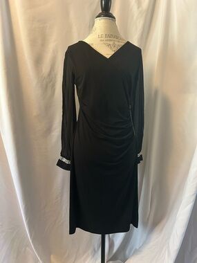 Black Long-Sleeve V-Neck Ruched Dress with Cuff Detail